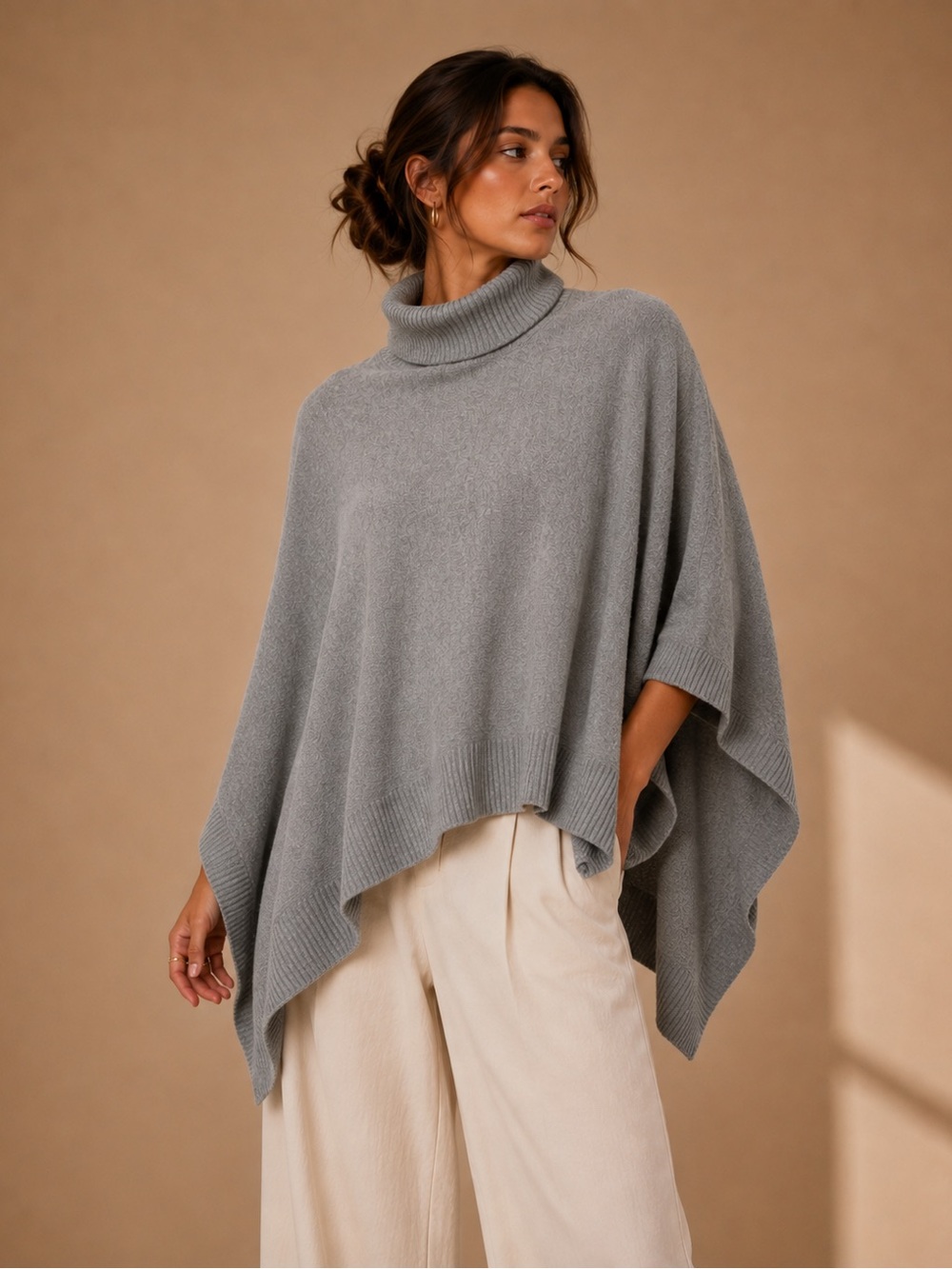 A New Day Gray Turtleneck Poncho OSFM Oversized Knit Cape Sweater Quiet Luxury